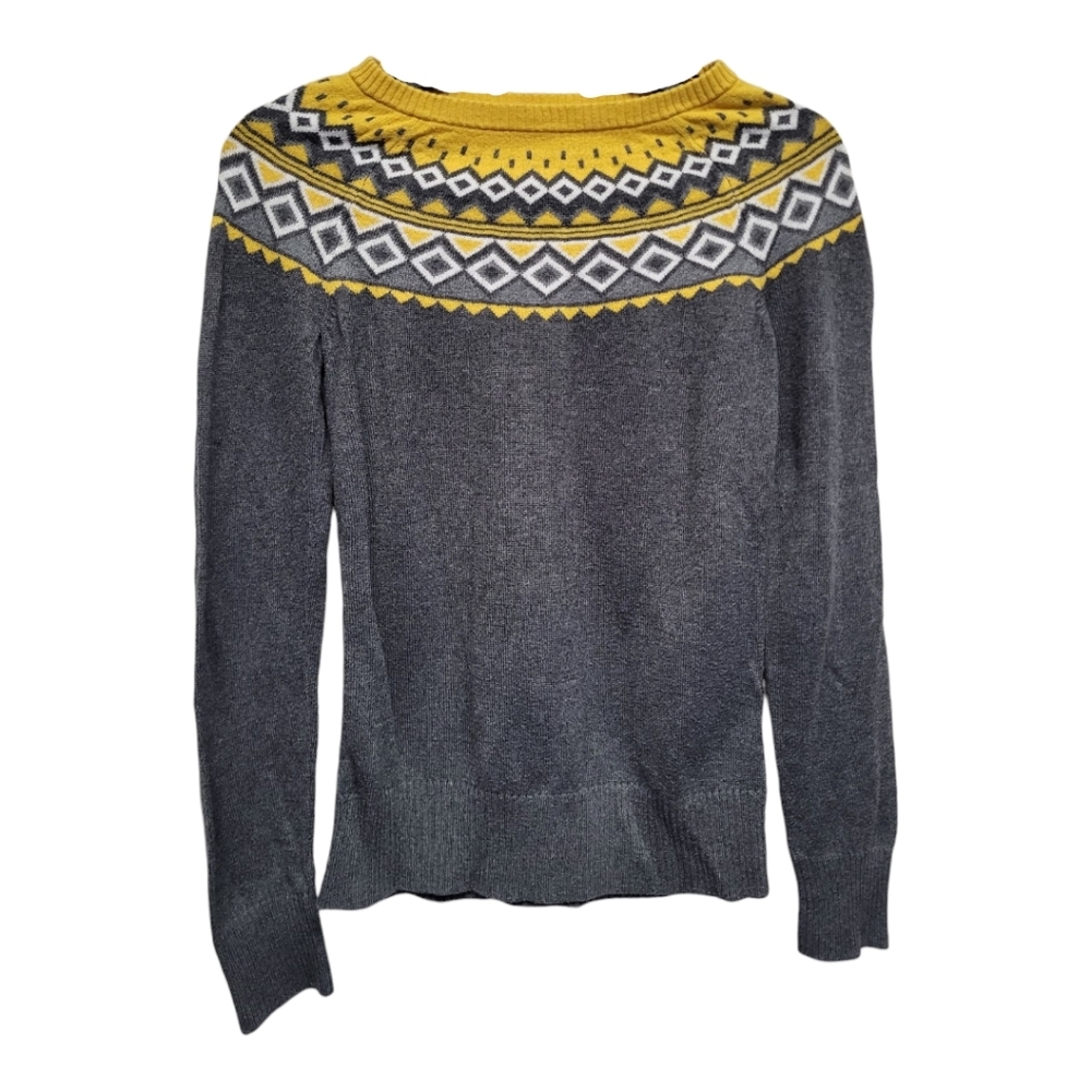 Merona Women's Gray and Yellow Crew Neck Sweater with Fair Isle Pattern - Size S